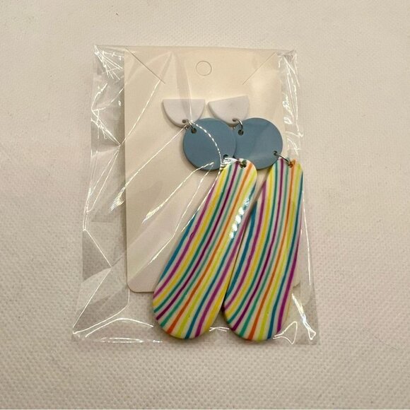 Boho Style Lightweight White Blue Soft Clay Statement Drop Earrings Stripes - Picture 9 of 12